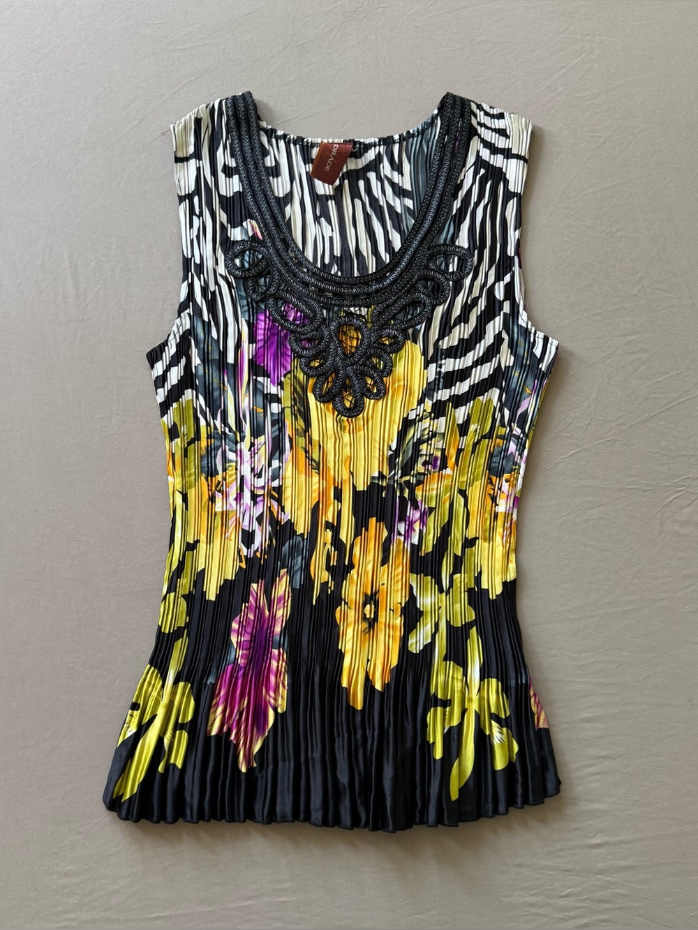 Vintage Andrade Floral Zebra Print Crinkle Pleated Sleeveless Top